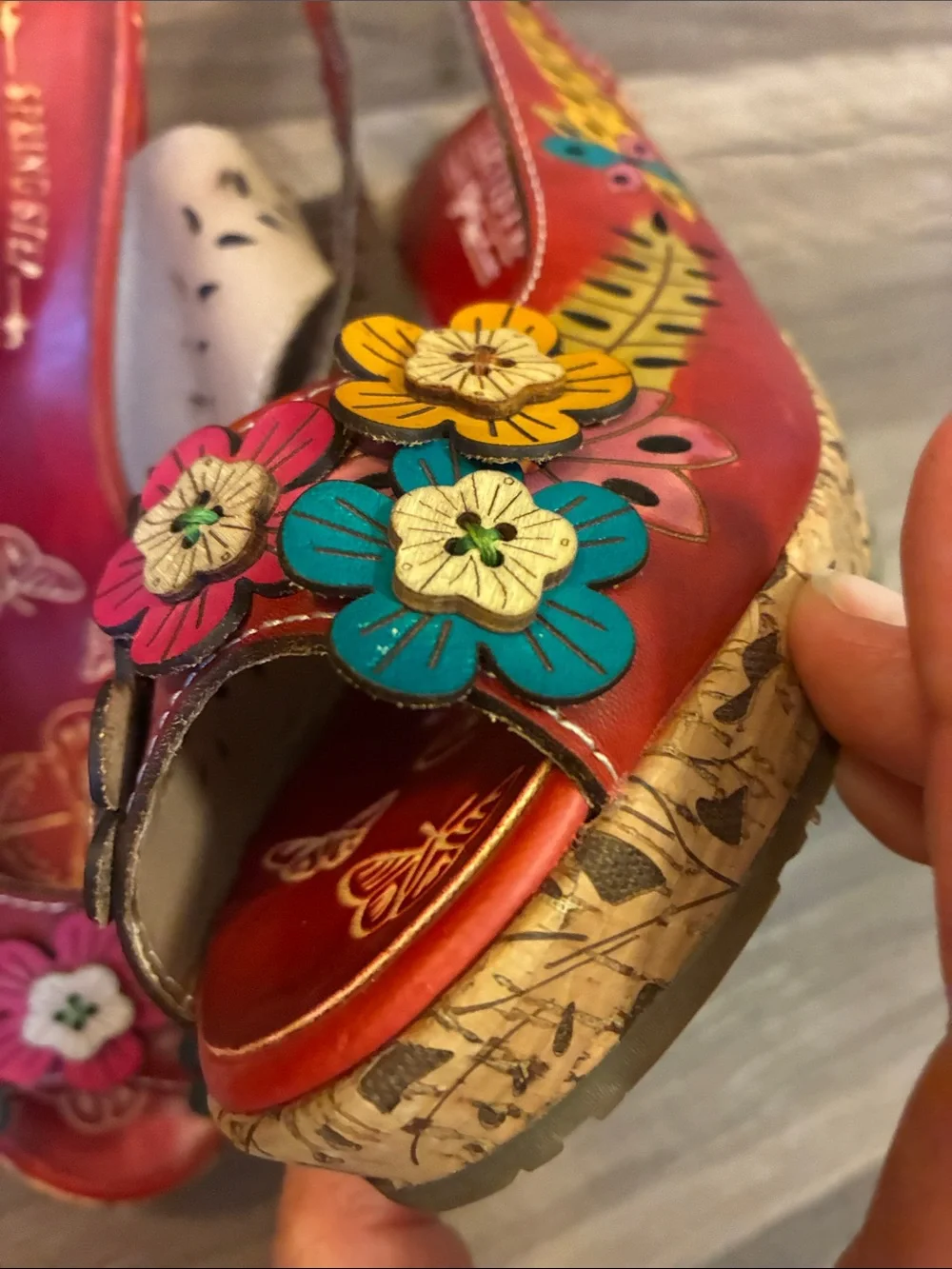 L'Artiste Red Leather Slingback Wedge Sandals With Floral  Details- Size 7.5